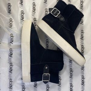 UGG Women’s Black Suede Shearling Lined Ankle Boots Buckle Strap Size 9 EU 40